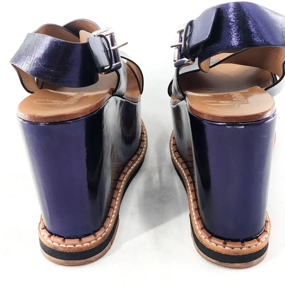 FLAMINGOS Trendy Metallic Blue Leather Platform Wedge Sandal